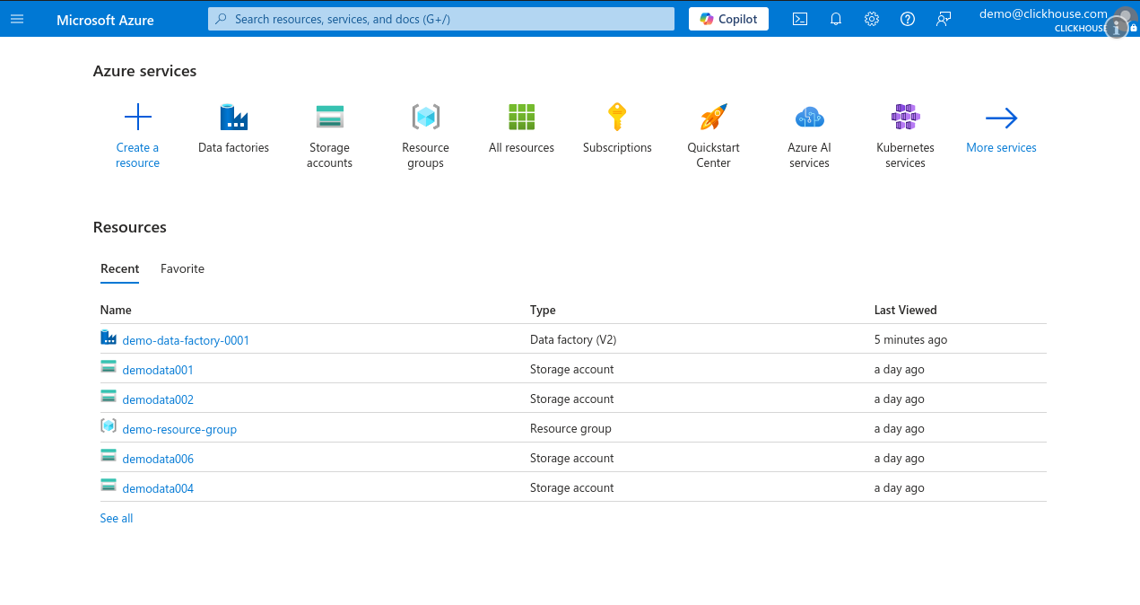 Главная страница портала Azure с Data Factory