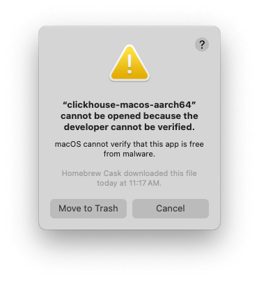 Диалоговое окно ошибки проверки разработчика в macOS
