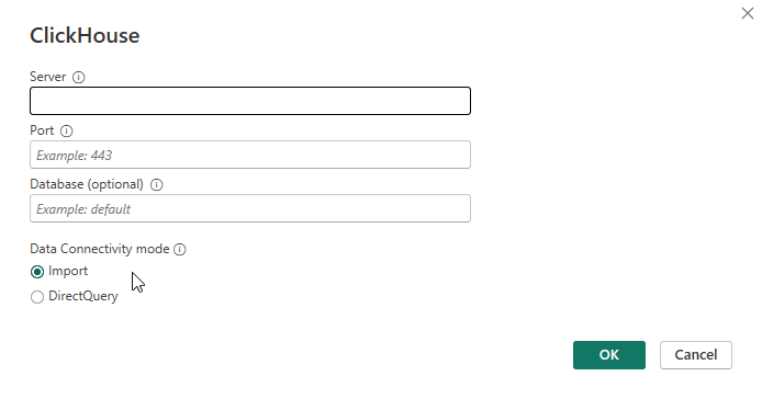 Диалог подключения к ClickHouse с полями host, port, database и connectivity mode