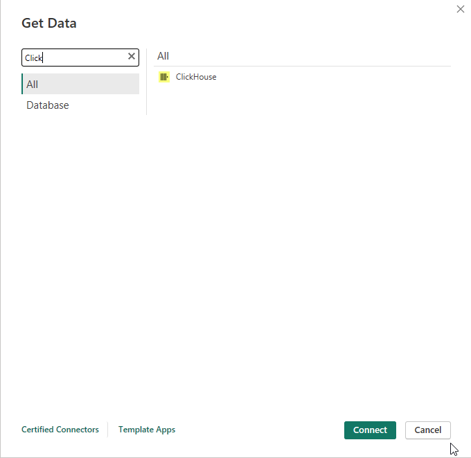 Диалог Power BI Get Data с ClickHouse, введённым в строку поиска